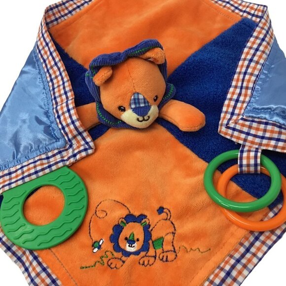 Lion Mary Meyer Baby Lovey Security Blanket Teether Crinkle Rings Orange Blue - Picture 4 of 7
